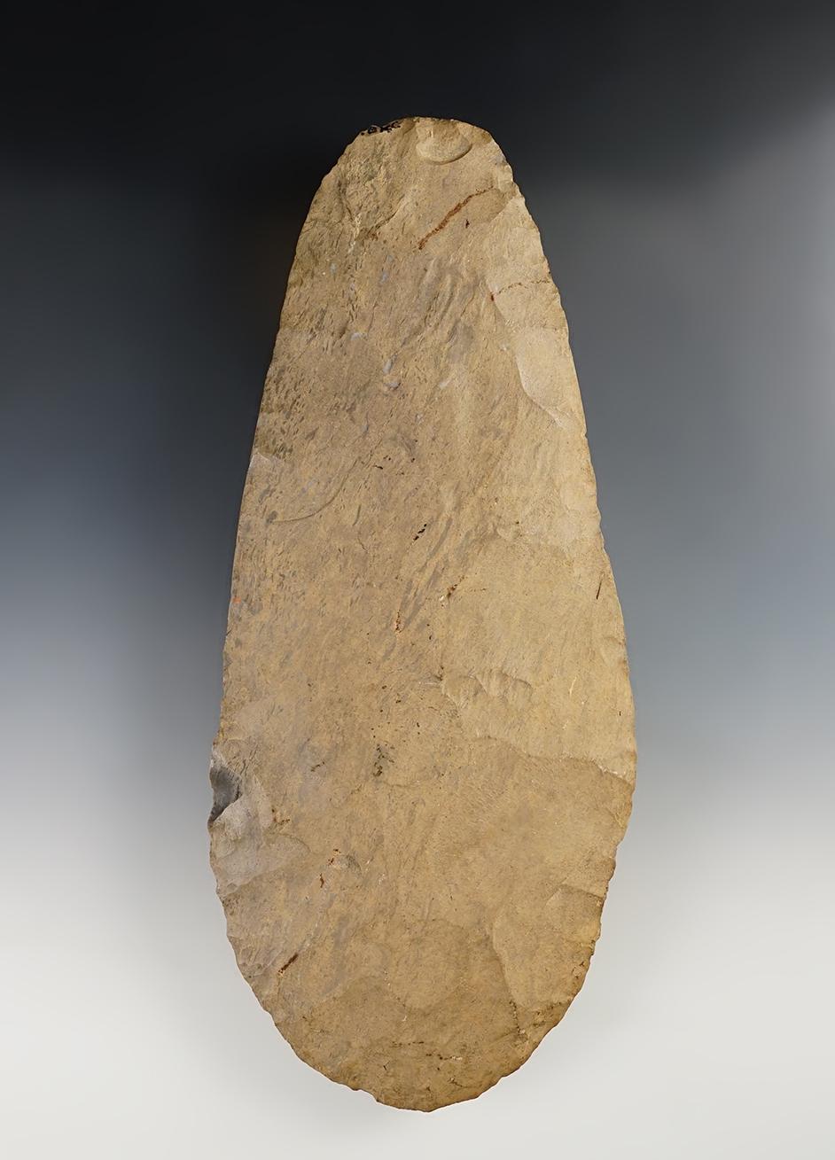 9 1/2" Spade - patinated Dover Chert. Found around Nashville, Tennessee. Ex. Van Slooten.