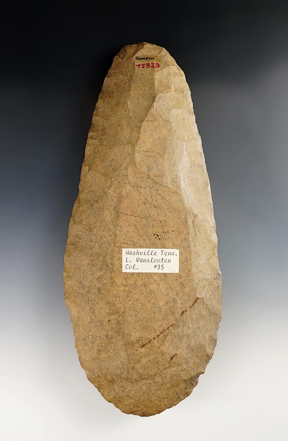 9 1/2" Spade - patinated Dover Chert. Found around Nashville, Tennessee. Ex. Van Slooten.