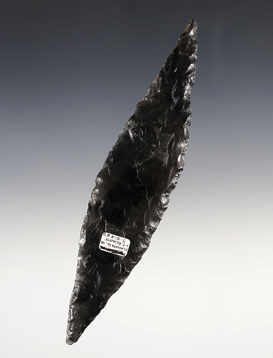 Large 6 1/16" Bi-Pointed Blade made from Obsidian. Found in Klamath Co., Oregon.