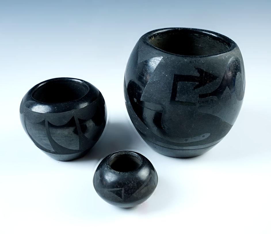 Set of 3 nicely crafted Blackware Southwestern Pottery Vessels, larges is 3 1/2".