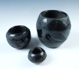 Set of 3 nicely crafted Blackware Southwestern Pottery Vessels, larges is 3 1/2".