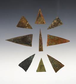 Group of 8 Kettle Points found at the Genoa Fort Site in Genoa, New York. Largest is 1 11/16".