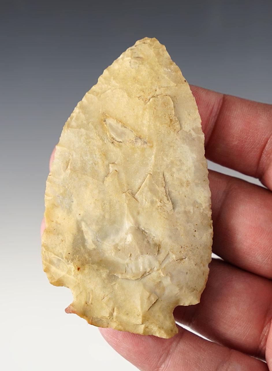 3 3/8" Archaic Cornernotch made from Flint Ridge Flint. Found in Henry Co., Ohio.