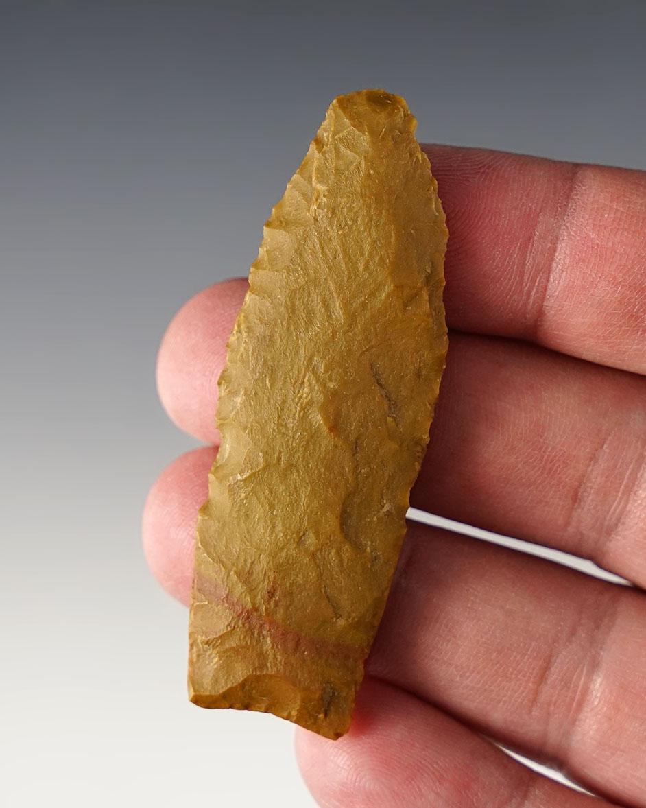 Excellent flaking on this 2 5/8" Carter Cave Flint Agate Basin recovered in southern Indiana.