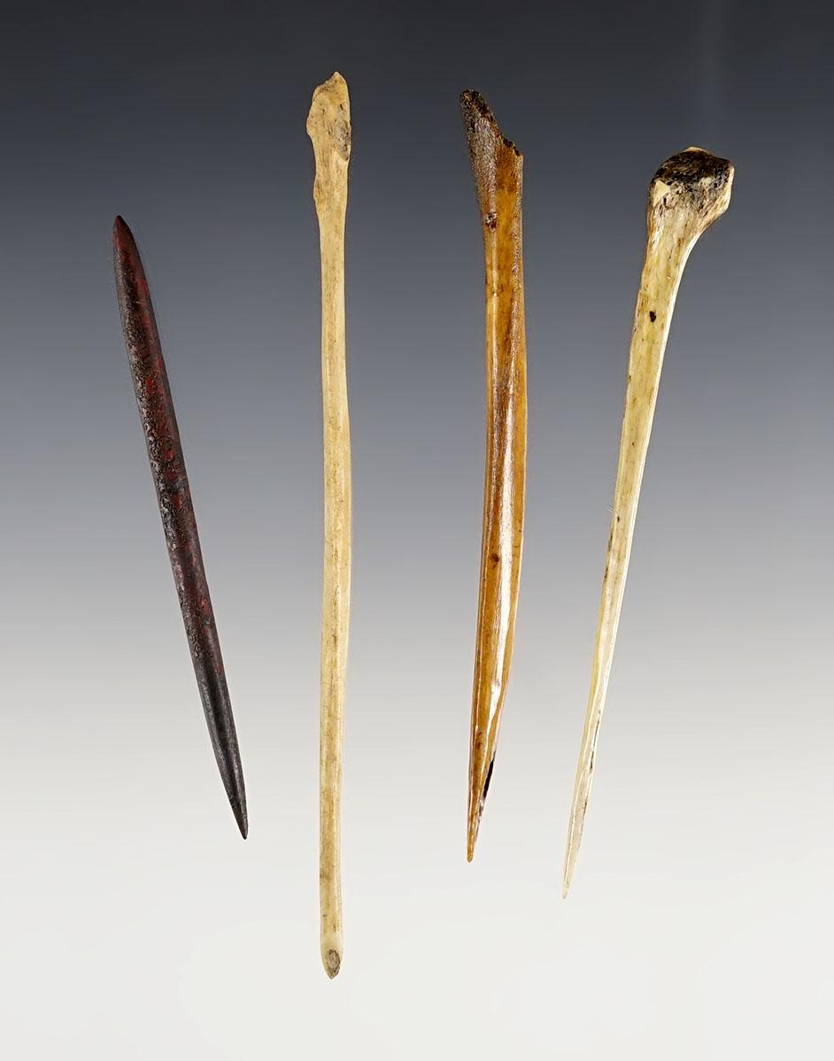Set of 4 Awls - 3 bone and 1 iron. Recovered at the Genoa Fort Site in Genoa, New York.