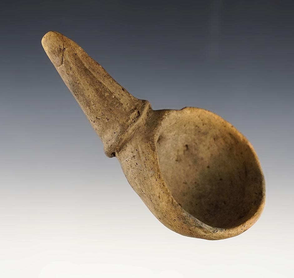 4 1/8"x 2 3/16" Pottery Spoon recovered in Arkansas. Solid except very end of handle is glued.