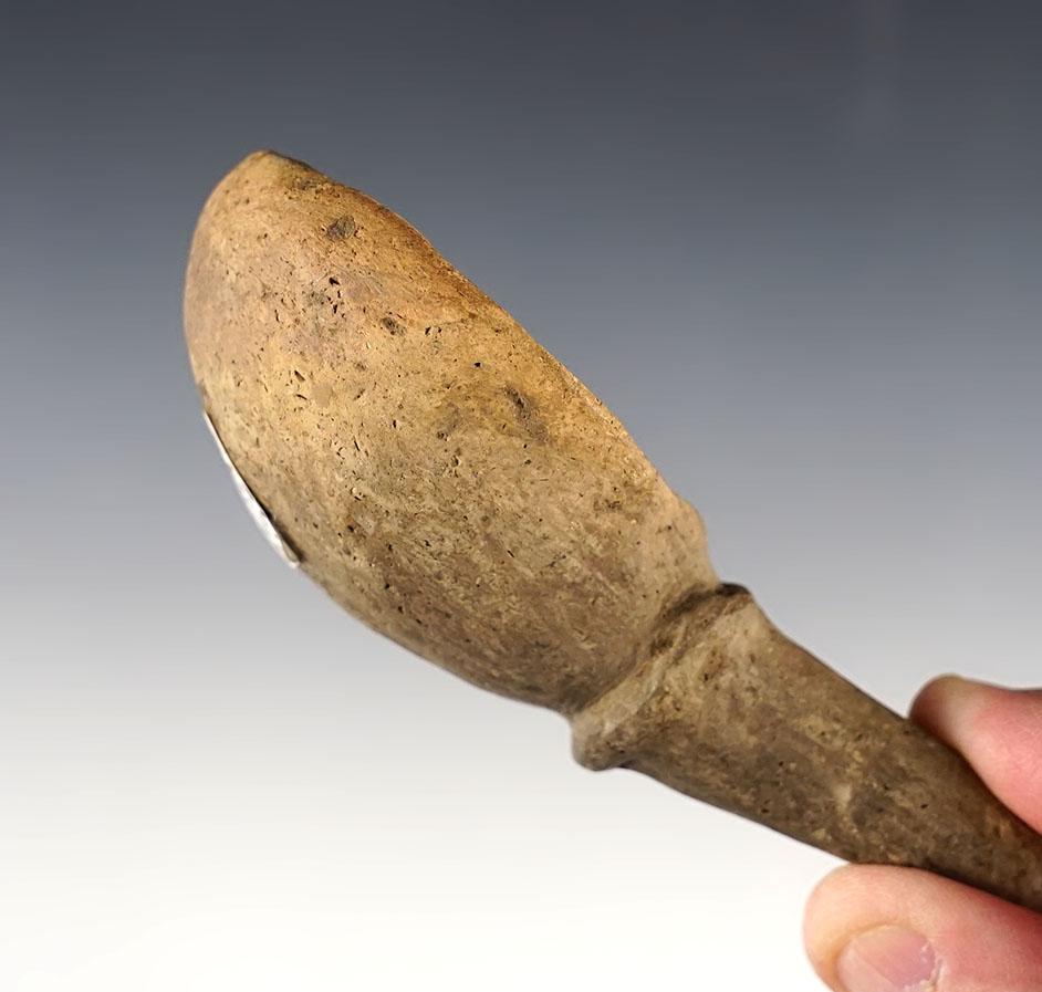 4 1/8"x 2 3/16" Pottery Spoon recovered in Arkansas. Solid except very end of handle is glued.