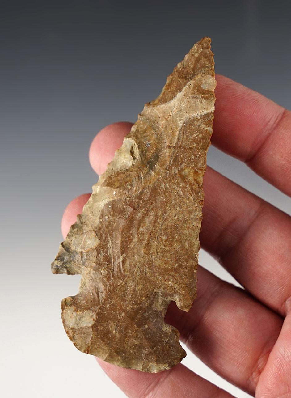 3 11/16" Archaic Thebes E-Notch Bevel made from Pipe Creek Flint. Found in Fulton Co., Ohio.