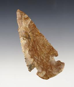 3 11/16" Archaic Thebes E-Notch Bevel made from Pipe Creek Flint. Found in Fulton Co., Ohio.