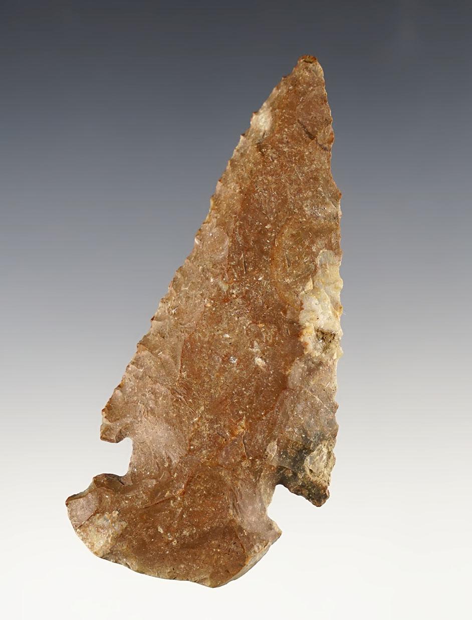 3 11/16" Archaic Thebes E-Notch Bevel made from Pipe Creek Flint. Found in Fulton Co., Ohio.