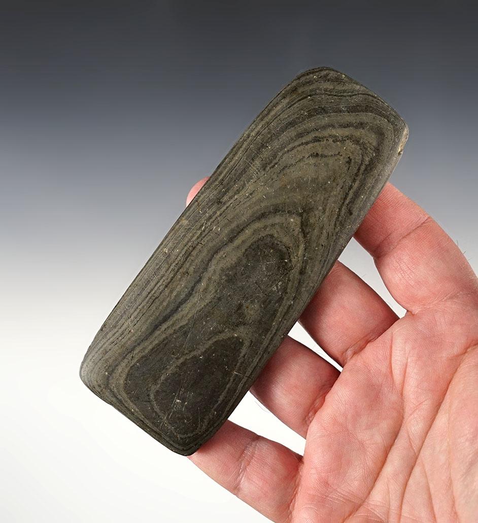 4 15/16" Undrilled Rectangular Gorget made from Banded Slate, Steuben Co., Indiana.