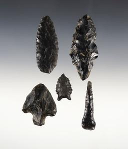 Group of 5 Obsidian Artifacts. Recovered near Mexico City, Mexico. Largest is 2 15/16".