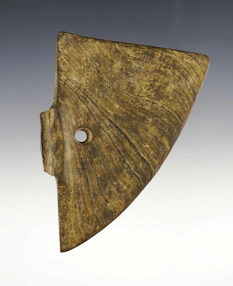 3 3/4" anciently salvaged Wing Bannerstone made from deeply patinated Banded Slate.