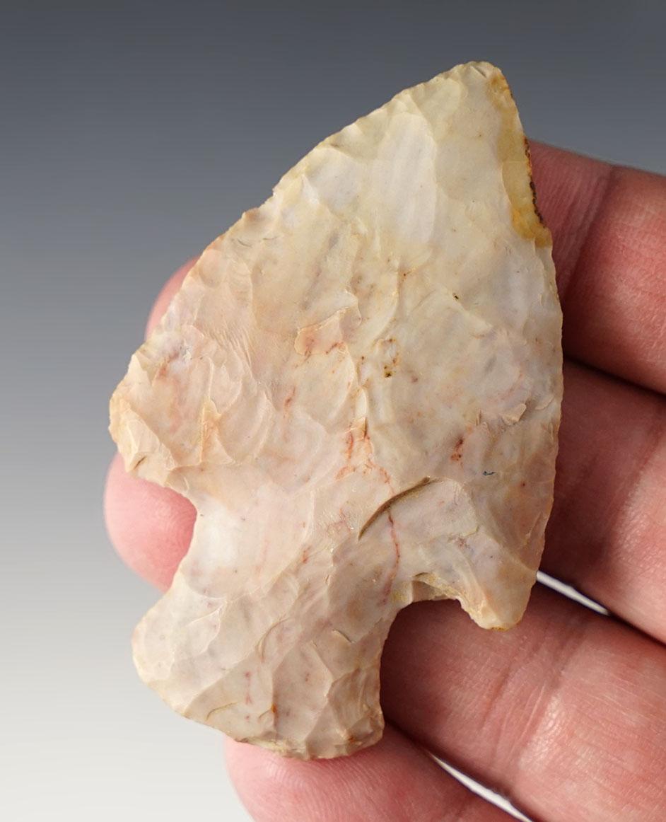 2 3/4" Adena made from white and pink Flint Ridge Flint. Found in Allen Co., Indiana.