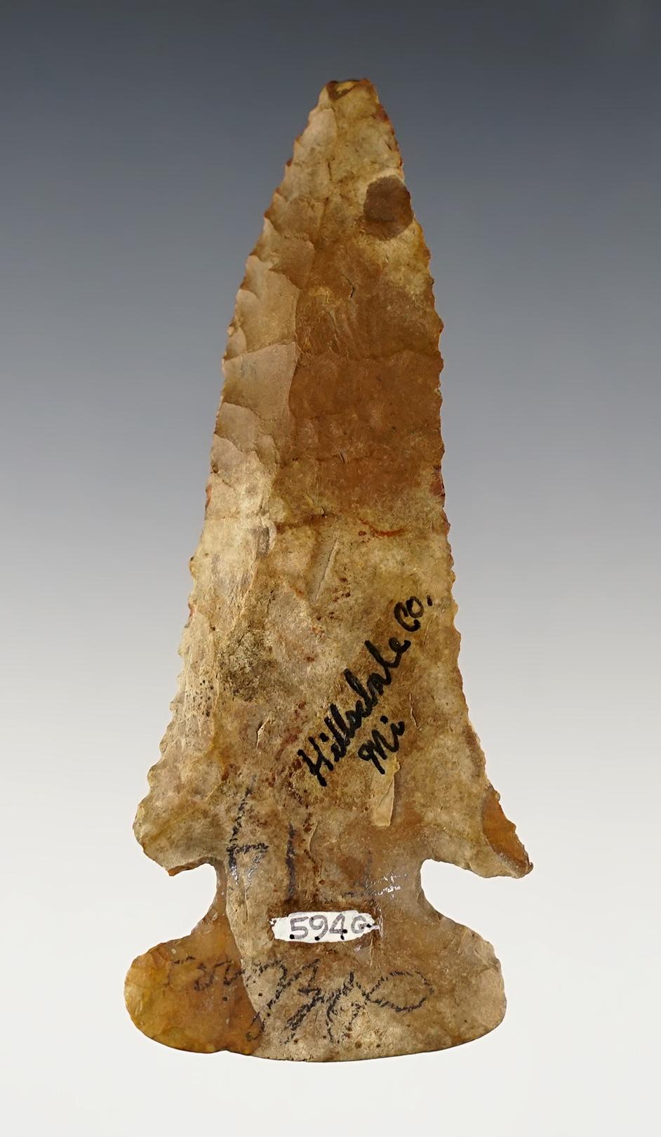 3 11/16" Archaic Bevel made from Bayport Chert. Found in Hillsdale Co., Michigan.