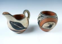 Pair of Contemporary Southwestern Pottery Vessels including a 3" tall Zia Bowl .