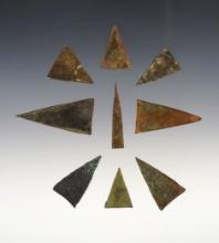 Group of 8 Kettle Points found at the Genoa Fort Site in Genoa, New York. Largest is 1 11/16".