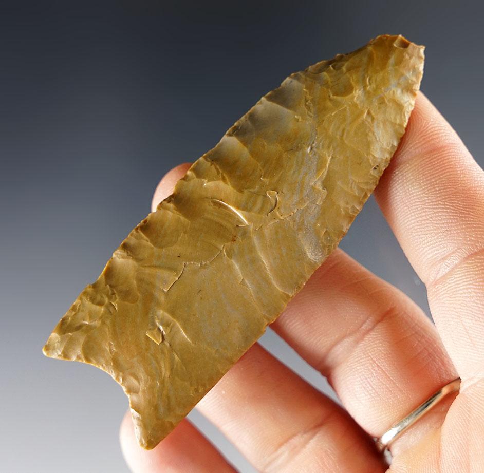 Exceptionally well made 3 1/16" Paleo Clovis found in Indiana w/heavy grinding to basal area.