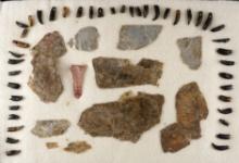 Group of drilled animal teeth in various conditions, Micah and Flint Ridge bladelet - Ohio.