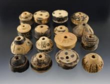 Group of 16 Pre-Columbian spindle whorls recovered in Mexico. Largest is 1 1/4".