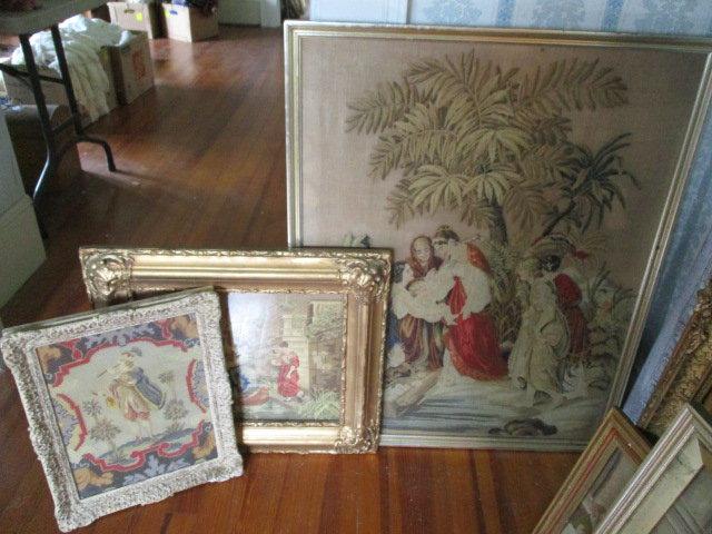 Three Framed Vintage Needle Works of Renaissance Scenes