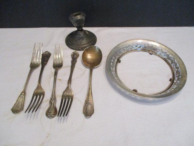 Lot of Sterling-Four Forks, Spoon, Candle Holder and Dish Base