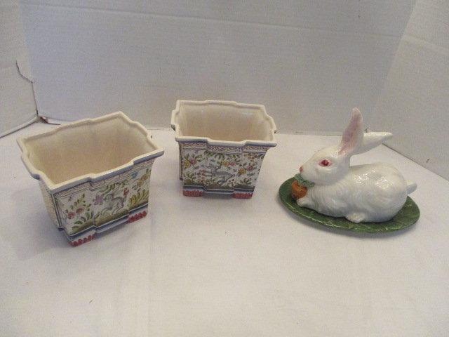 Two Gump's Hand-Painted Planters and Covered Rabbit Dish