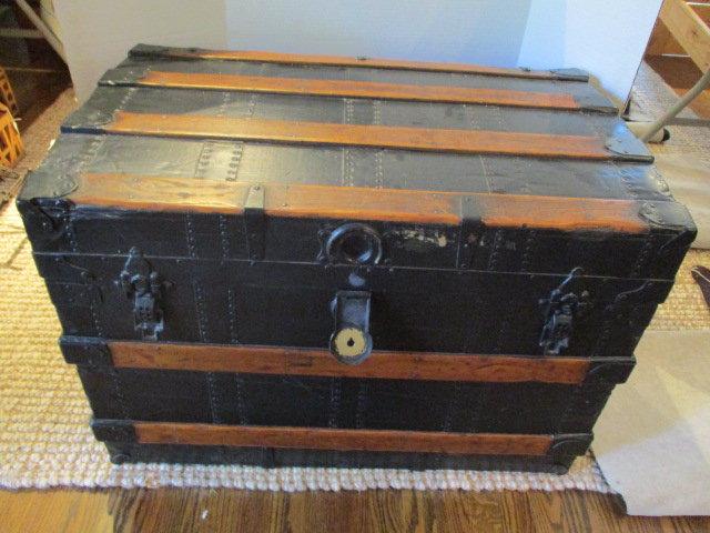 Vintage Wood Steamer Trunk with Leather Handles and Wheels