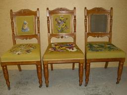 3 Vintage Chairs with Needlepoint Seats & Backs