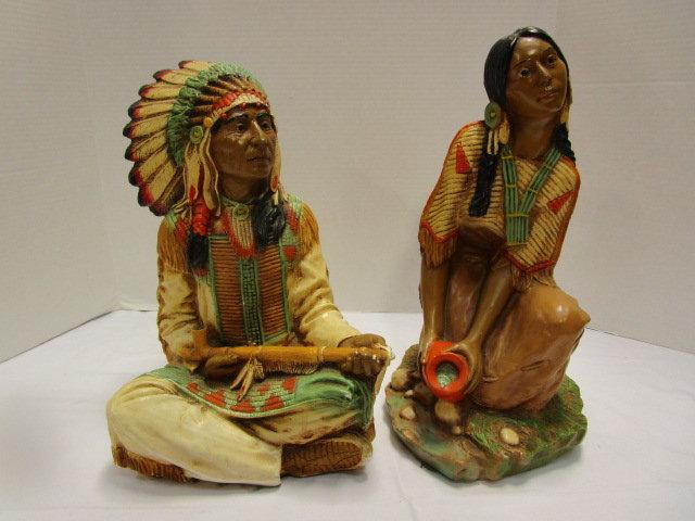 Pair of Chalkware Native American Statues
