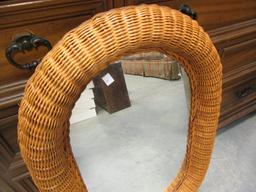 Oval Wall Mirror with Wicker Frame