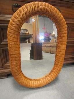 Oval Wall Mirror with Wicker Frame