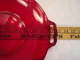 Two Handled Red Glass Serving Plate, 8 Salad Plates and Eight Bowls