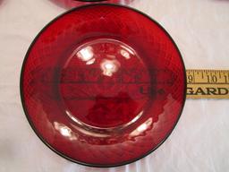 Two Handled Red Glass Serving Plate, 8 Salad Plates and Eight Bowls