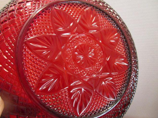 Two Handled Red Glass Serving Plate, 8 Salad Plates and Eight Bowls