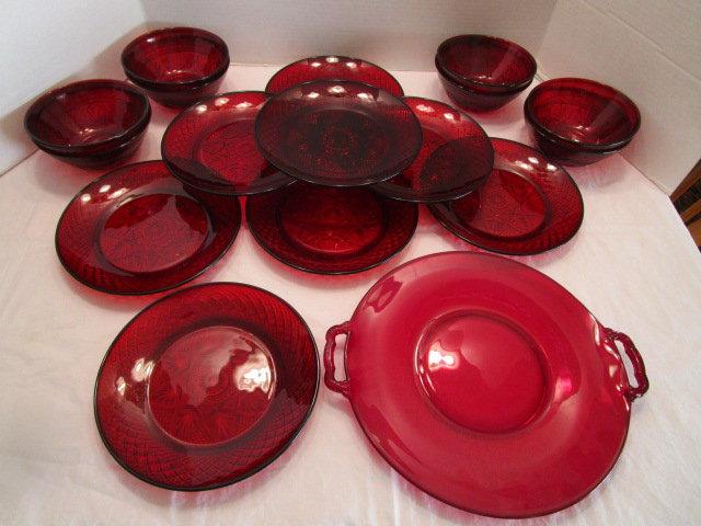 Two Handled Red Glass Serving Plate, 8 Salad Plates and Eight Bowls