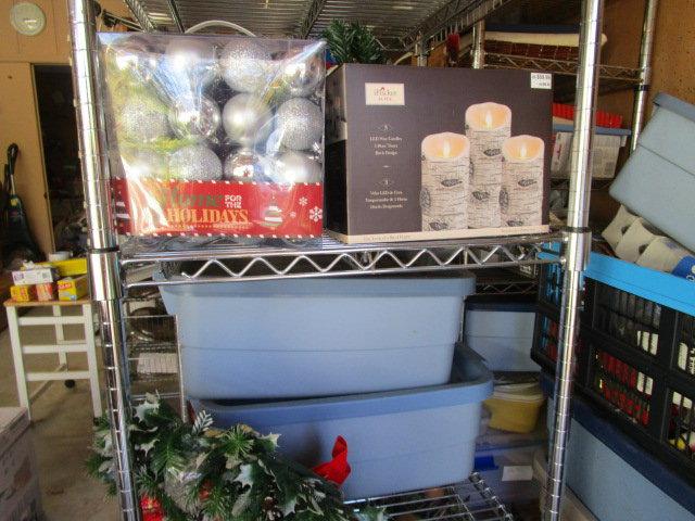 Contents of Metal Shelving-Kitchen Aid Mixer Attachments, Christmas, Canning Jars, etc.