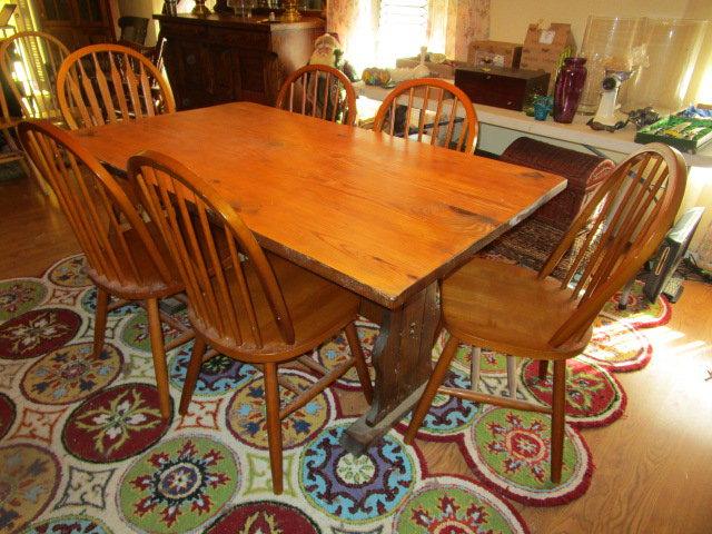 Pine Farm Table with Six Spindle Back Chairs
