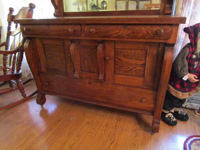 Antique Tiger Oak Buffet with Beveled Mirror