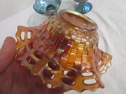 Pr. of Carnival Glass Candle Holders with Grape Motif and Strawberry Dish