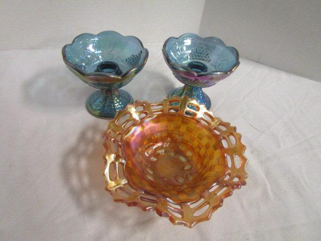 Pr. of Carnival Glass Candle Holders with Grape Motif and Strawberry Dish