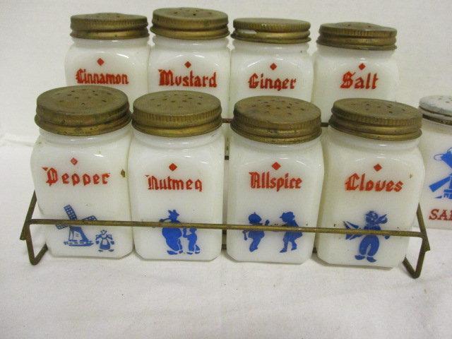 Vintage Spice Jars in Metal Rack with Dutch Boy and Girl Designs