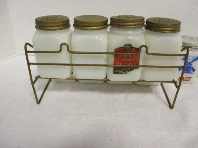Vintage Spice Jars in Metal Rack with Dutch Boy and Girl Designs