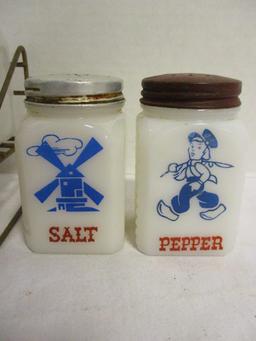 Vintage Spice Jars in Metal Rack with Dutch Boy and Girl Designs