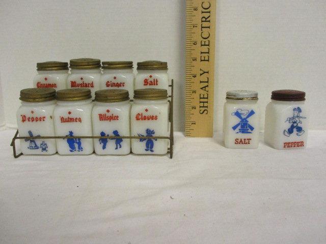 Vintage Spice Jars in Metal Rack with Dutch Boy and Girl Designs