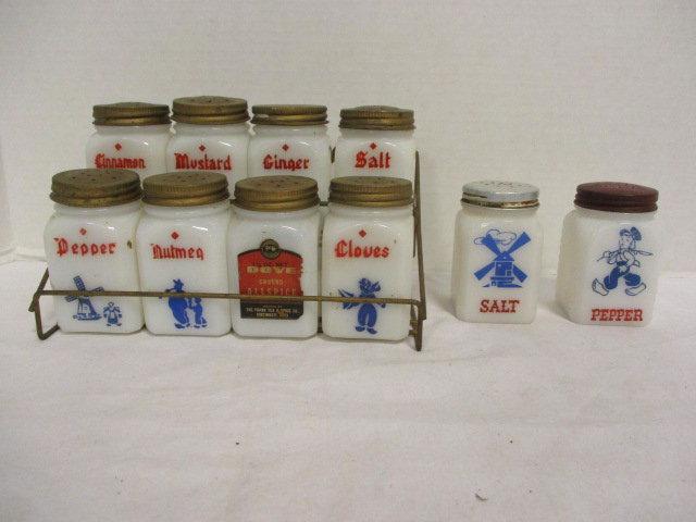 Vintage Spice Jars in Metal Rack with Dutch Boy and Girl Designs