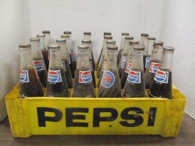 Yellow Hard Plastic Pepsi Crate & Commemorative Bottles