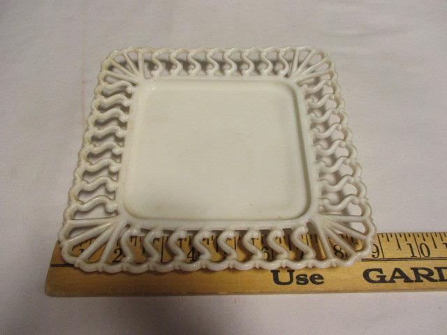 Footed Milk Glass Bowl, Vase and Lattice Edge Plate