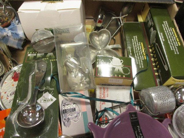 LARGE Tray of Tea Strainers, Infusers, Tongs, Tea Jars, etc.