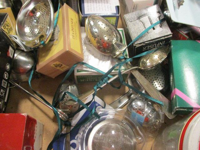 LARGE Tray of Tea Strainers, Infusers, Tongs, Tea Jars, etc.